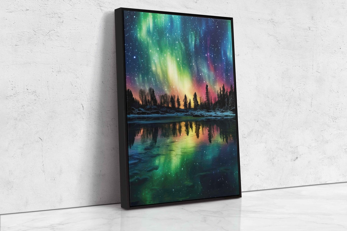 Aurora Borealis Northern Lights Lake Reflection Starry Night Poster - Image 4