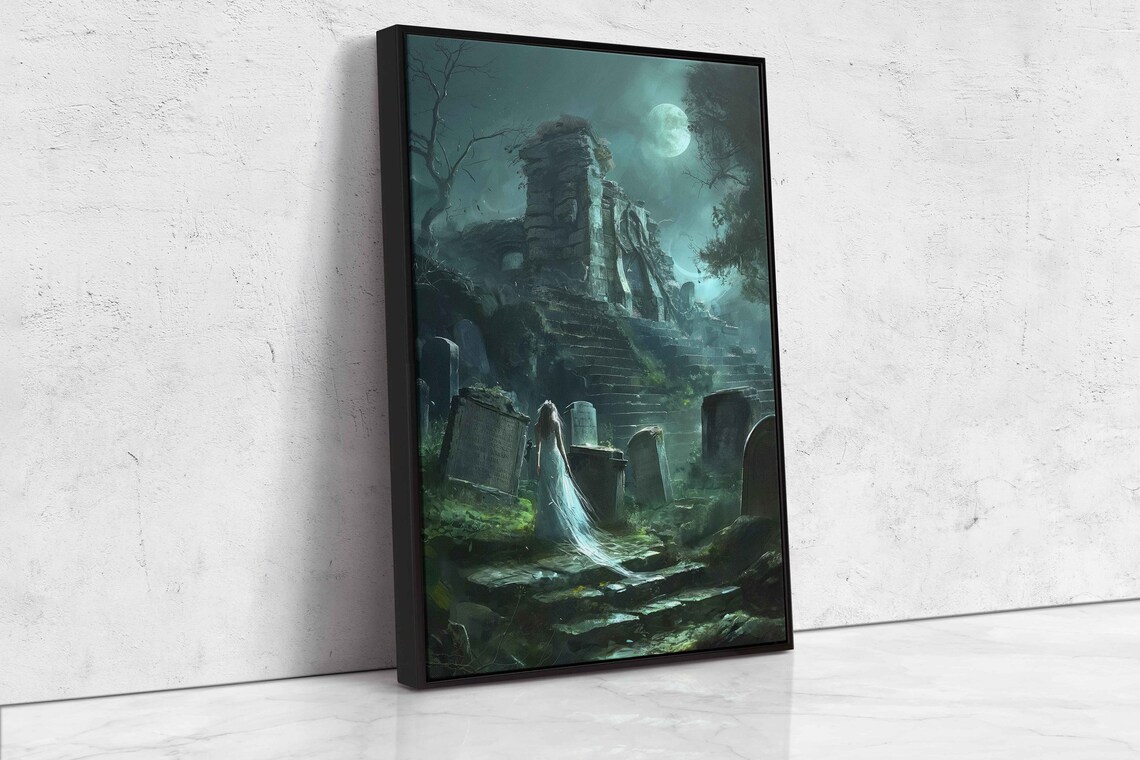 Ghostly Bride Haunted Cemetery Moonlit Ruins Eerie Night Art Poster - Image 4