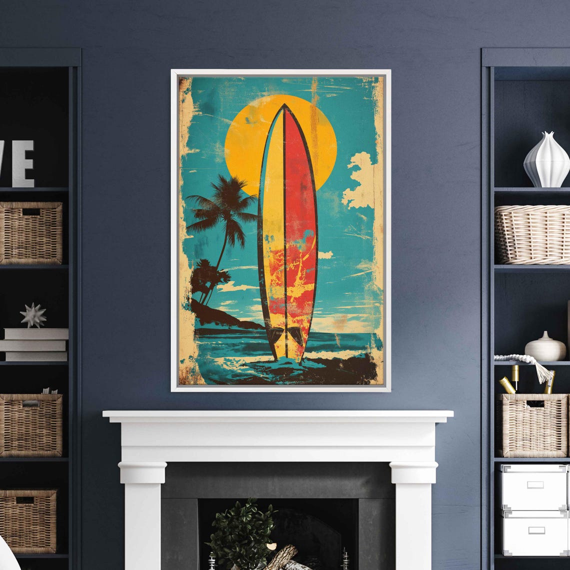 Vintage Surfboard Palm Trees Sunset Beach Retro Surf Art Poster