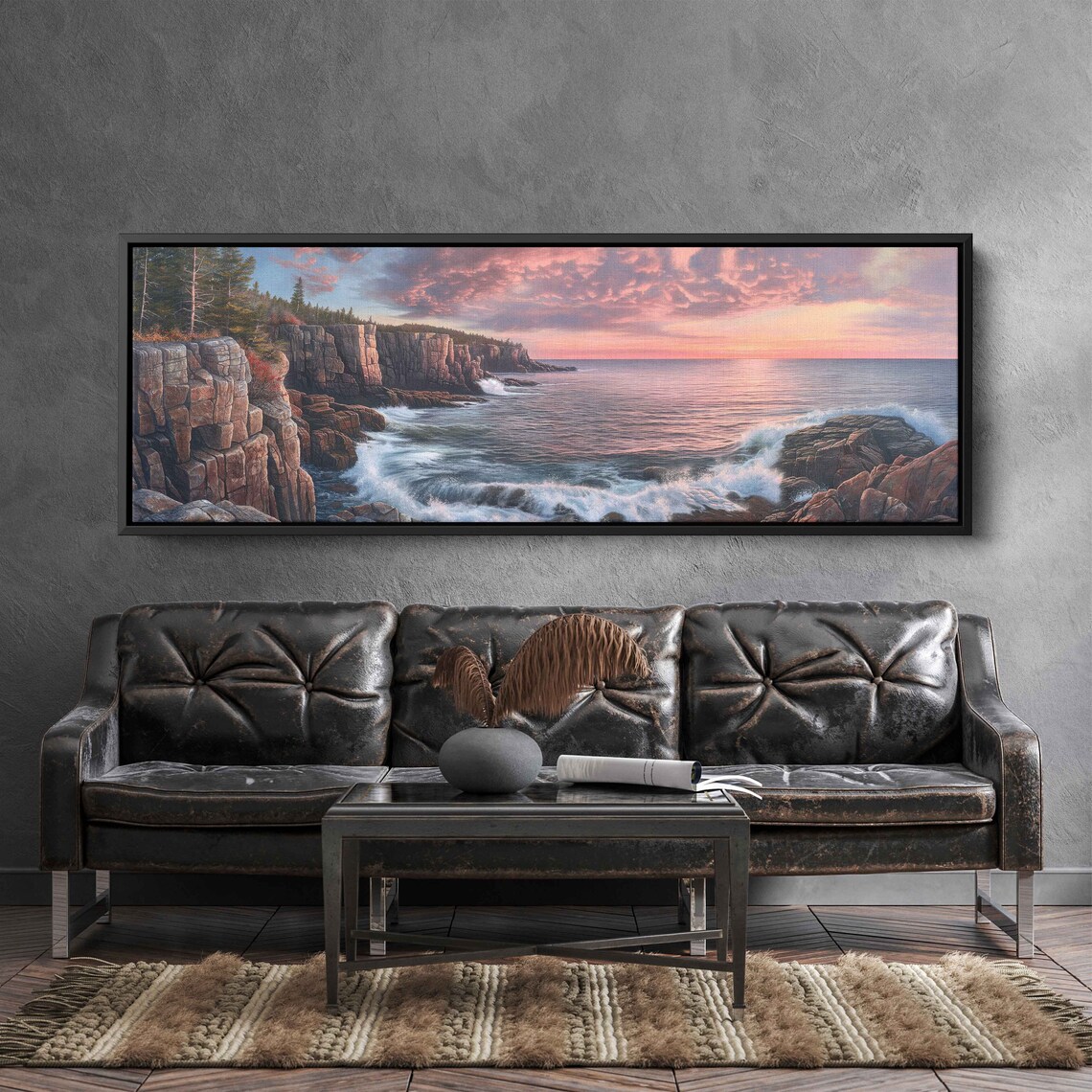 Rocky Cliff Coastline Crashing Waves Pink Sunset Panoramic Ocean Wall Poster