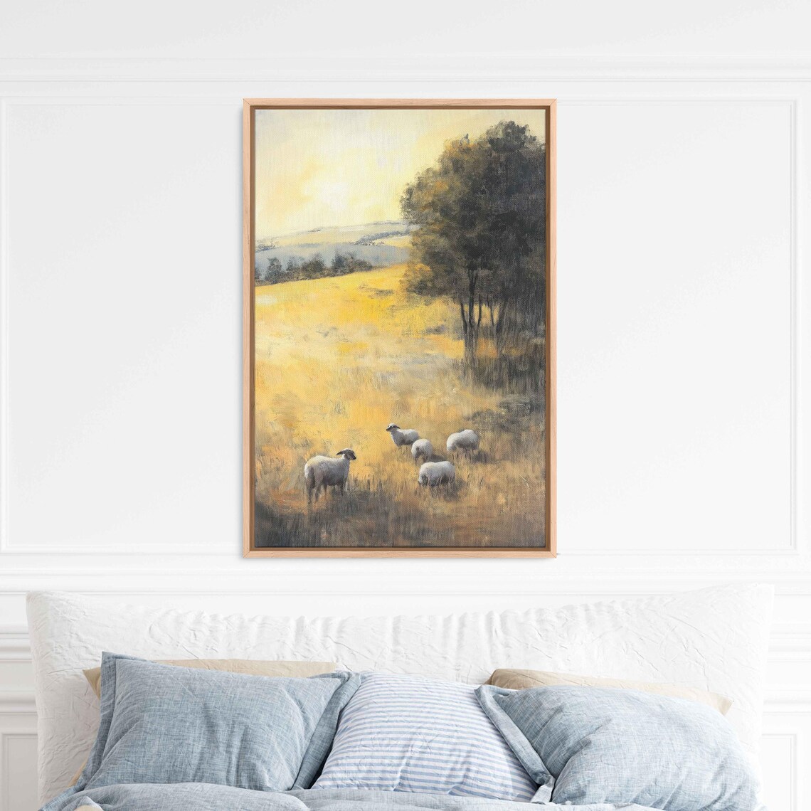 Dreamy Rural Scene, Golden Fields And Grazing Sheep