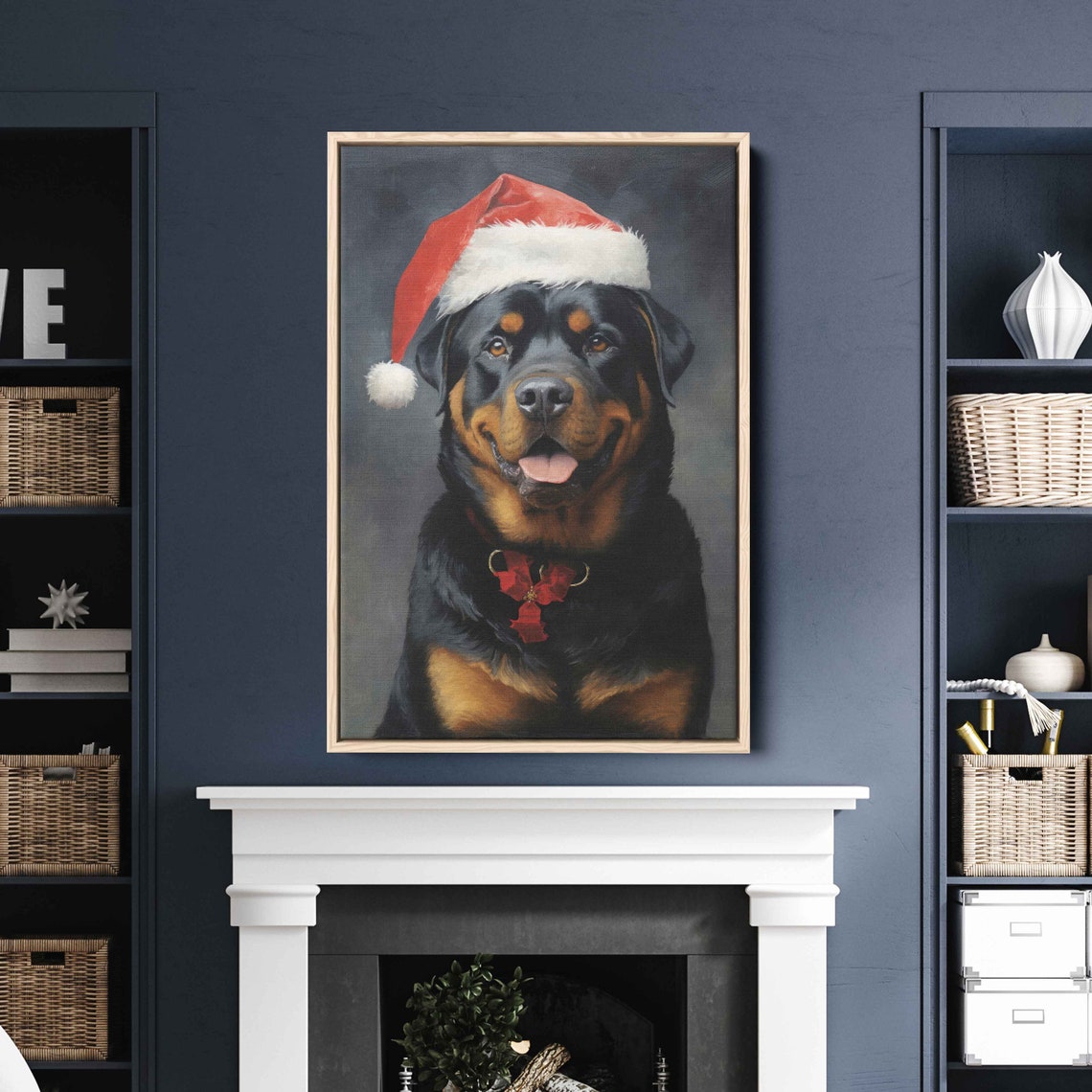 Smiling Rottweiler Santa Hat Red Bow Tie Christmas Portrait Poster - Image 3