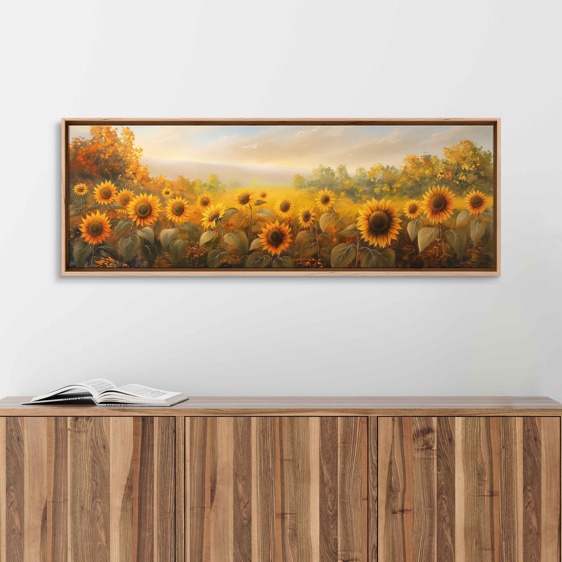 Sunflower Field With Autumn Trees Backdrop Golden Light Art Poster