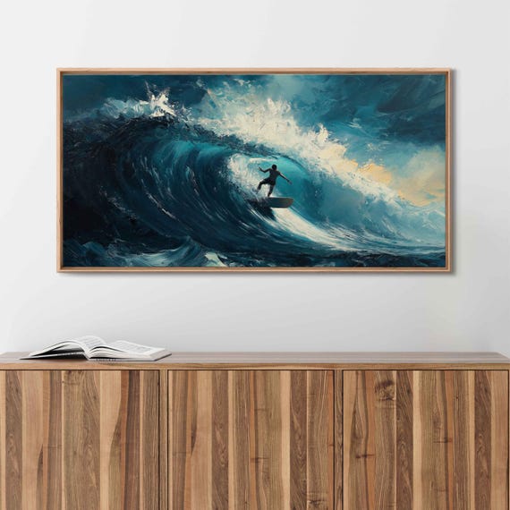 Surfer Catching Massive Wave Wall Art Print Tropical Island Gift For Surfer Blue Water Ready To Hang