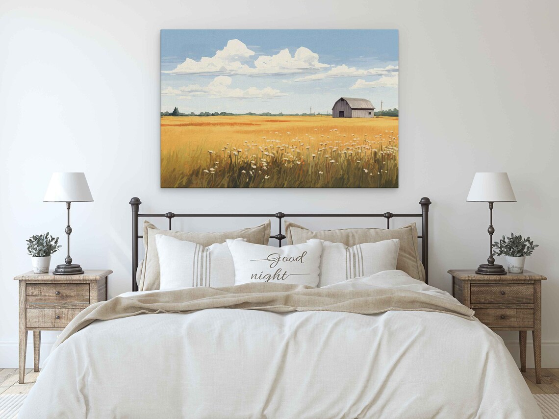 Golden Wheat Field With Old Barn Summer Sky Minimalist Farm Wall Art - Image 3