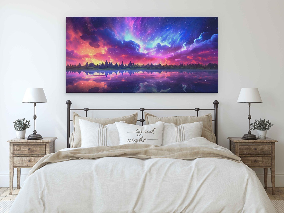 Stunning Cloudy Night Sky Over Lake With Detailed Reflections And Aurora Borealis Print On Ready To Hang - Image 2