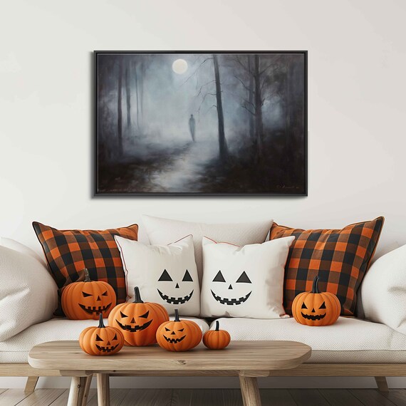 Ghostly Figure On Foggy Forest Path Moonlit Night Spooky Poster