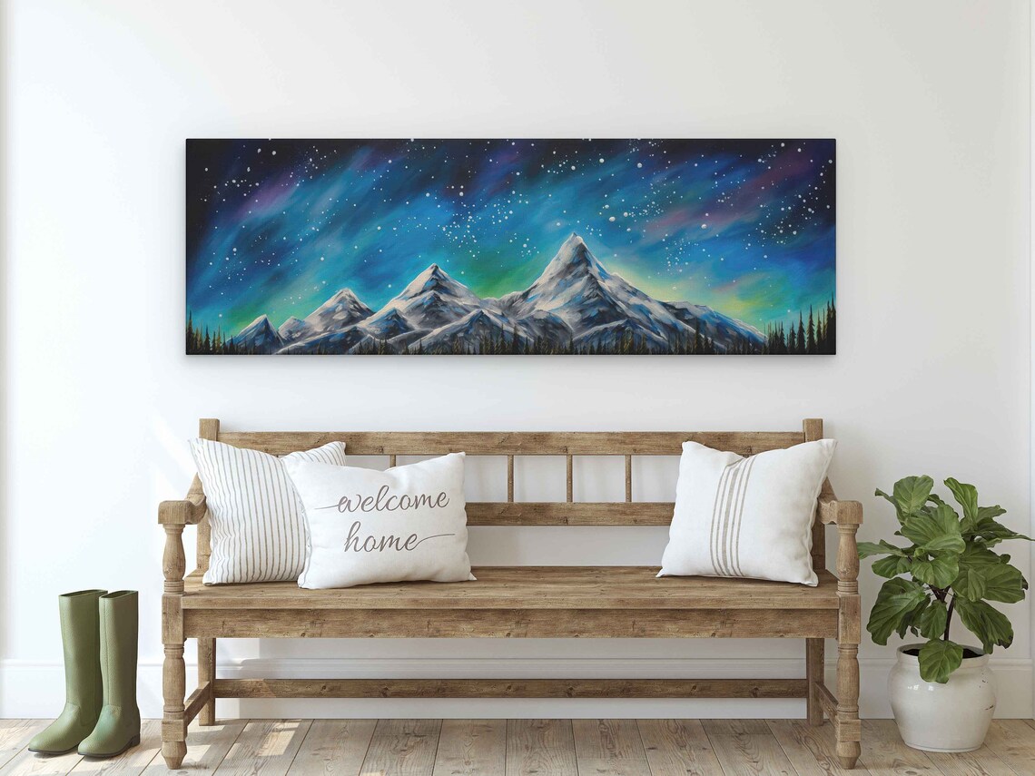 Snowy Mountain Peaks Under Northern Lights Starry Night Panorama Poster - Image 3