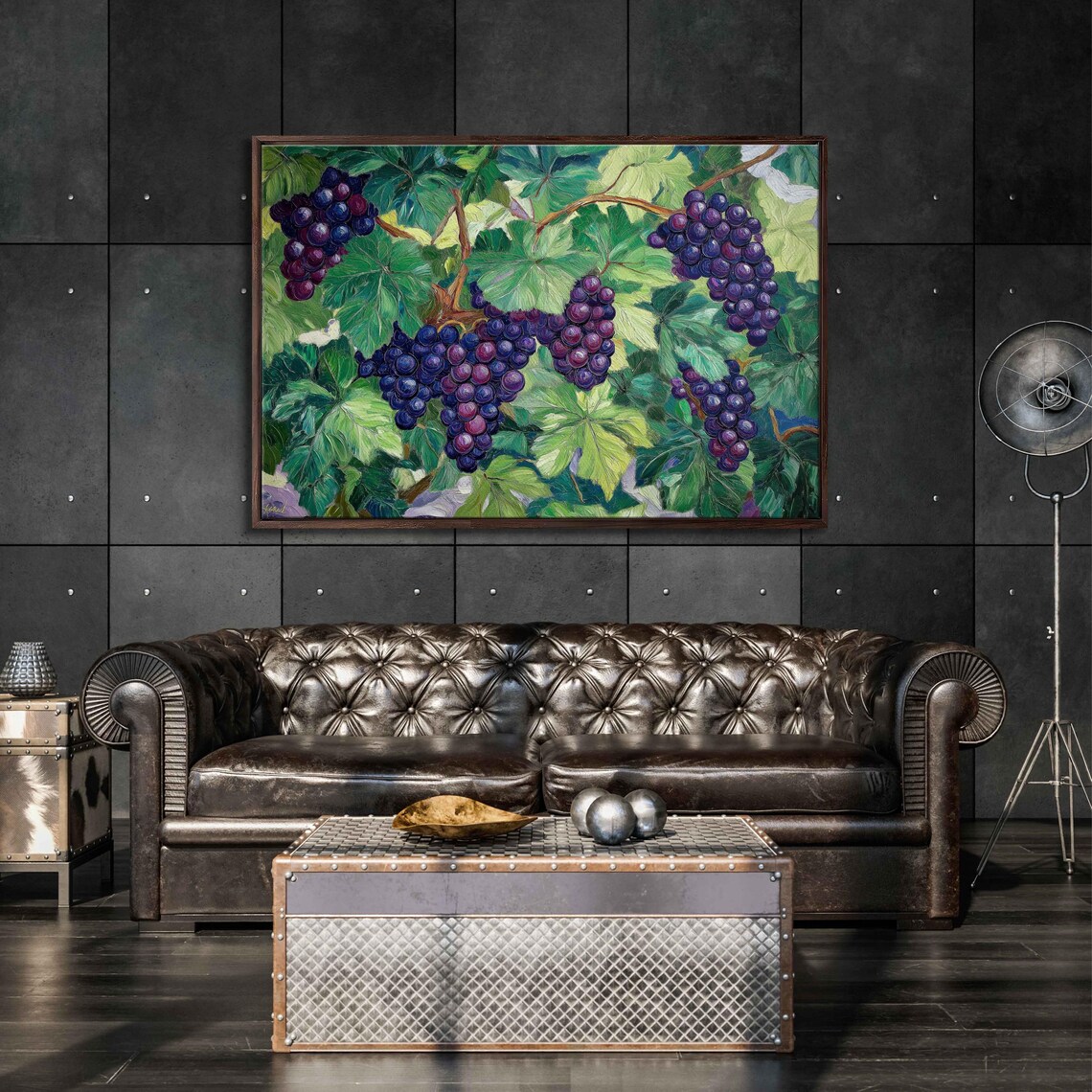 Purple Grapes Grapevines Lush Leaves Vintage Botanical Kitchen Poster