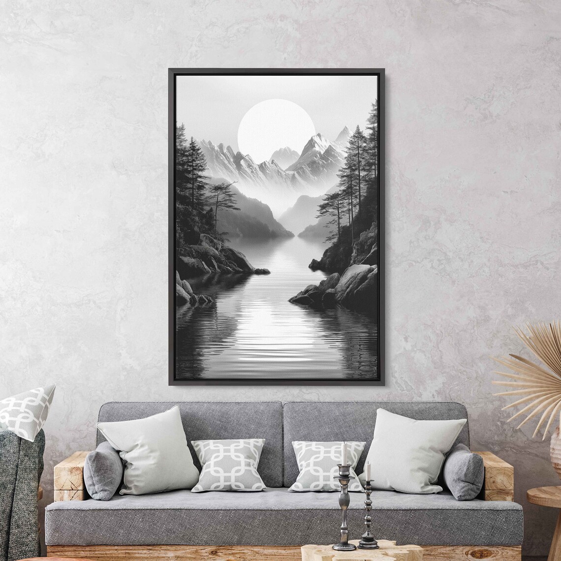 Serene Lake Flowing Through Mountainside Wall Art Print Monochromatic Art Lakeshore Forest Ready To Hang - Image 2