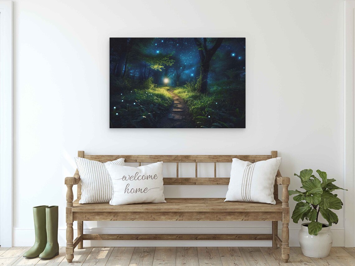 Vibrant Moonlit Photorealistic Enchanted Forest Path Illustration Print On Ready To Hang Bedroom Decor Magical Woods - Image 2