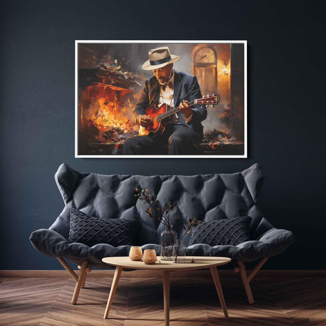 Blues Guitarist Fedora Jazz Musician Fireside Painting Music Art Print - Image 3