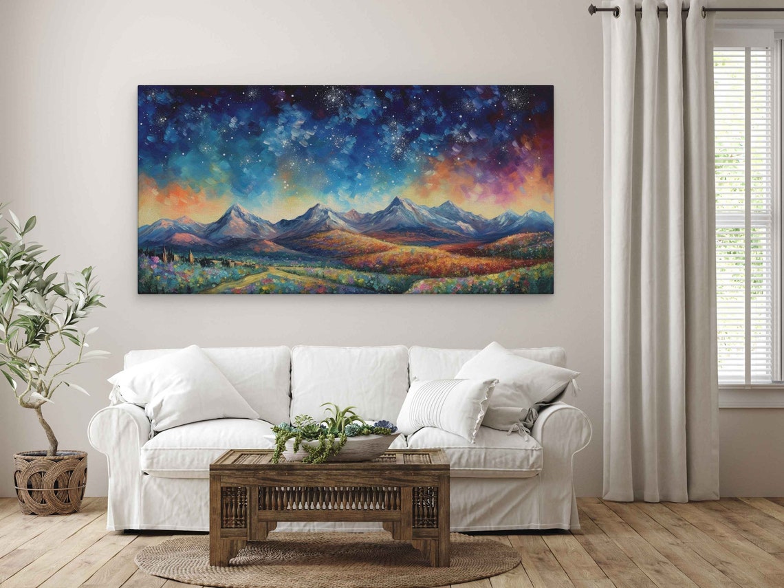 Starry Night Mountain Range Colorful Rolling Hills Painting Poster - Image 3