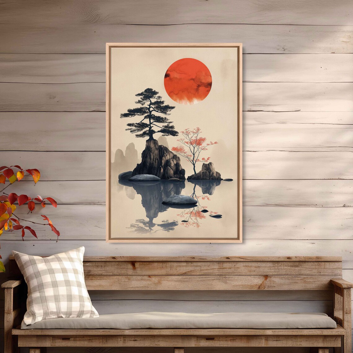 Japanese Red Sun Pine Tree Stepping Stones Ink Style Serene Asian Art Poster - Image 3