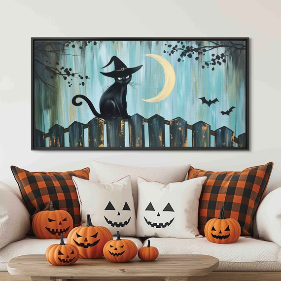 Black Cat Wearing Witch Hat Crescent Moon Night Halloween Wall Art