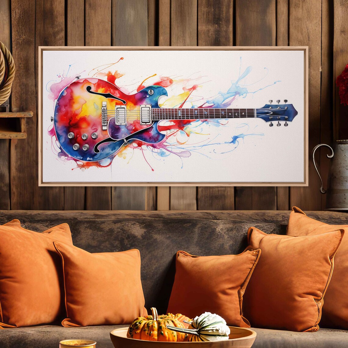 Colorful Electric Guitar Watercolor Splash Musician Gift Wall Art - Image 2