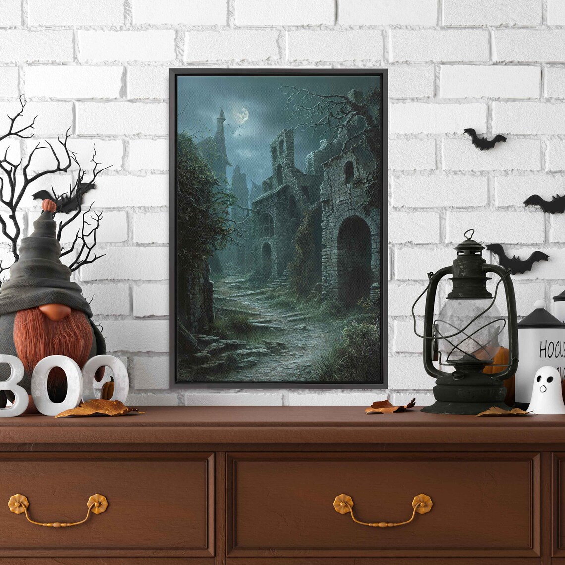 Eerie Ruined Village Twisted Trees Foggy Night Full Moon Wall Art