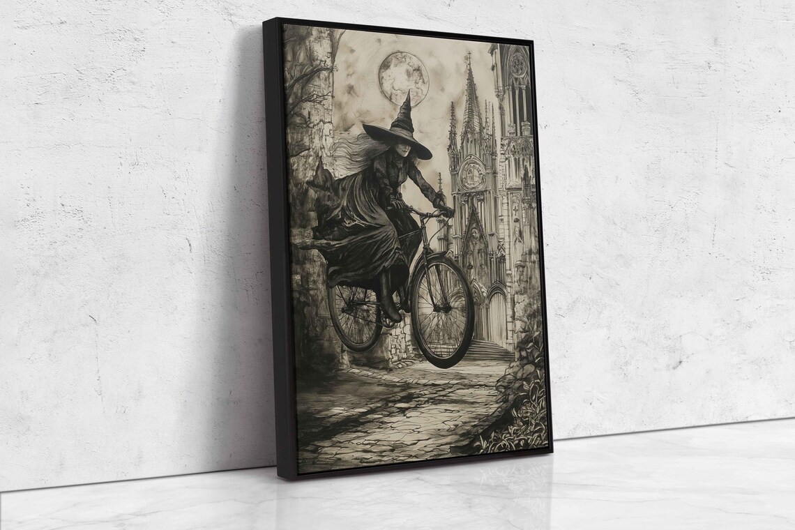 Gothic Witch Riding Bicycle Past Cathedral Under Full Moon Halloween Poster - Image 4