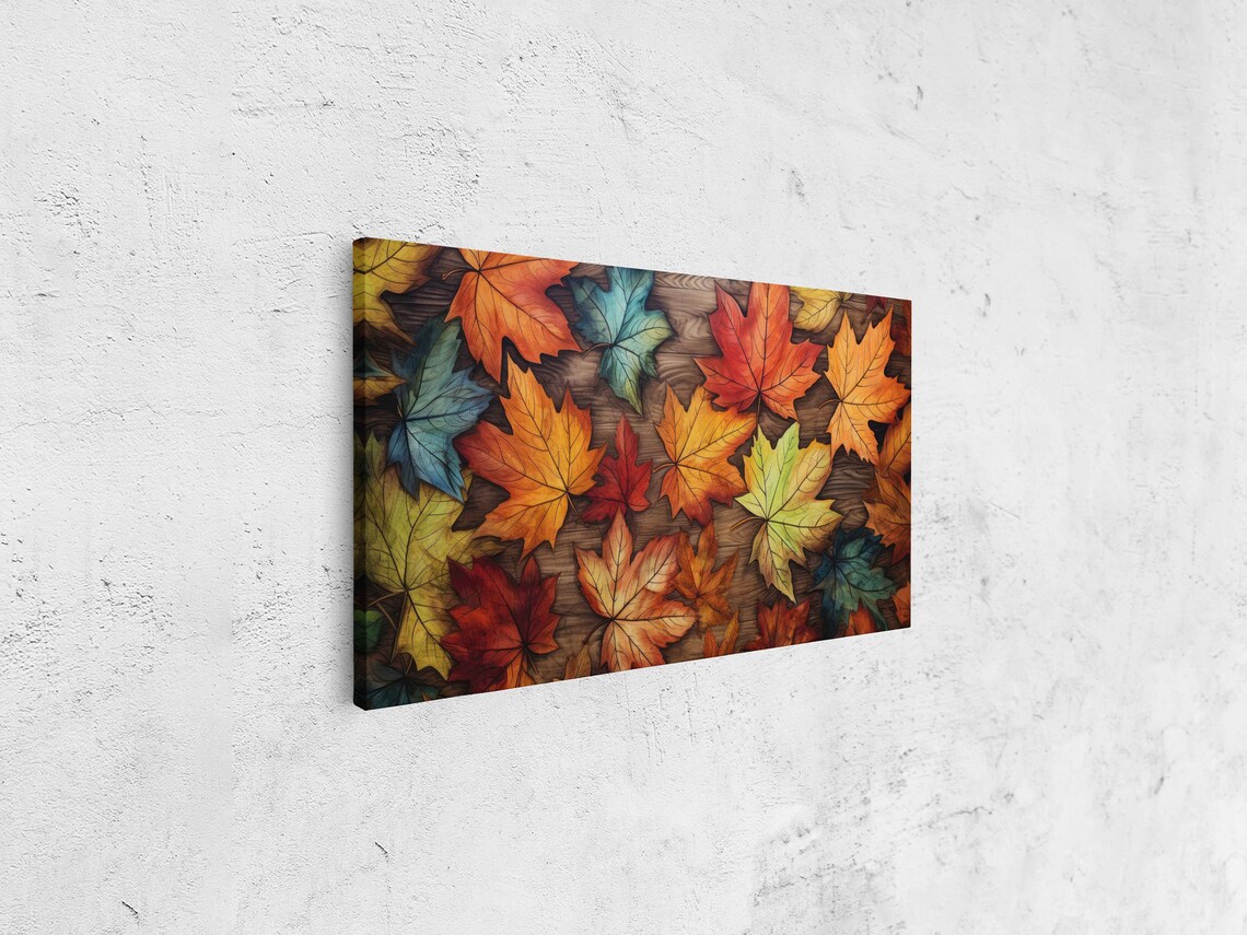 Vibrant Autumn Maple Leaves Wood Background Fall Colors Painting Print - Image 4