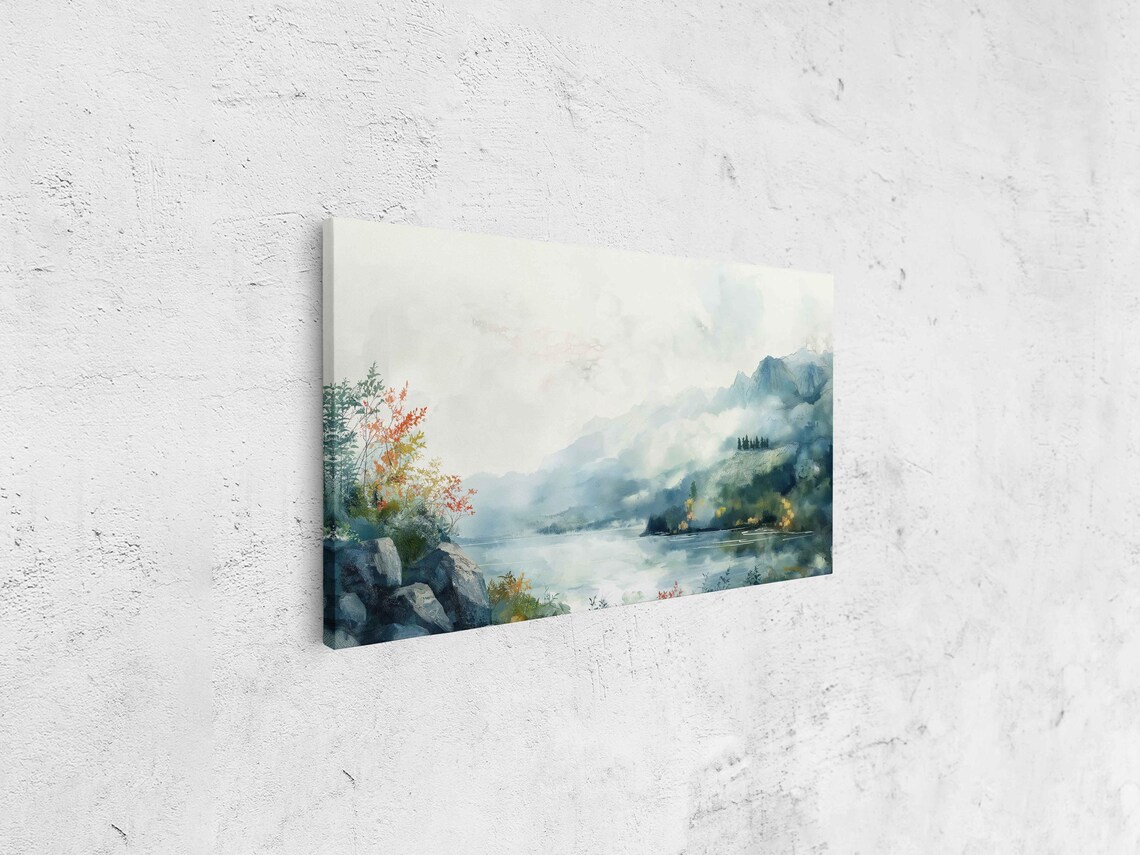 Misty Mountain Lake Watercolor Autumn Trees Ethereal Landscape Poster - Image 4