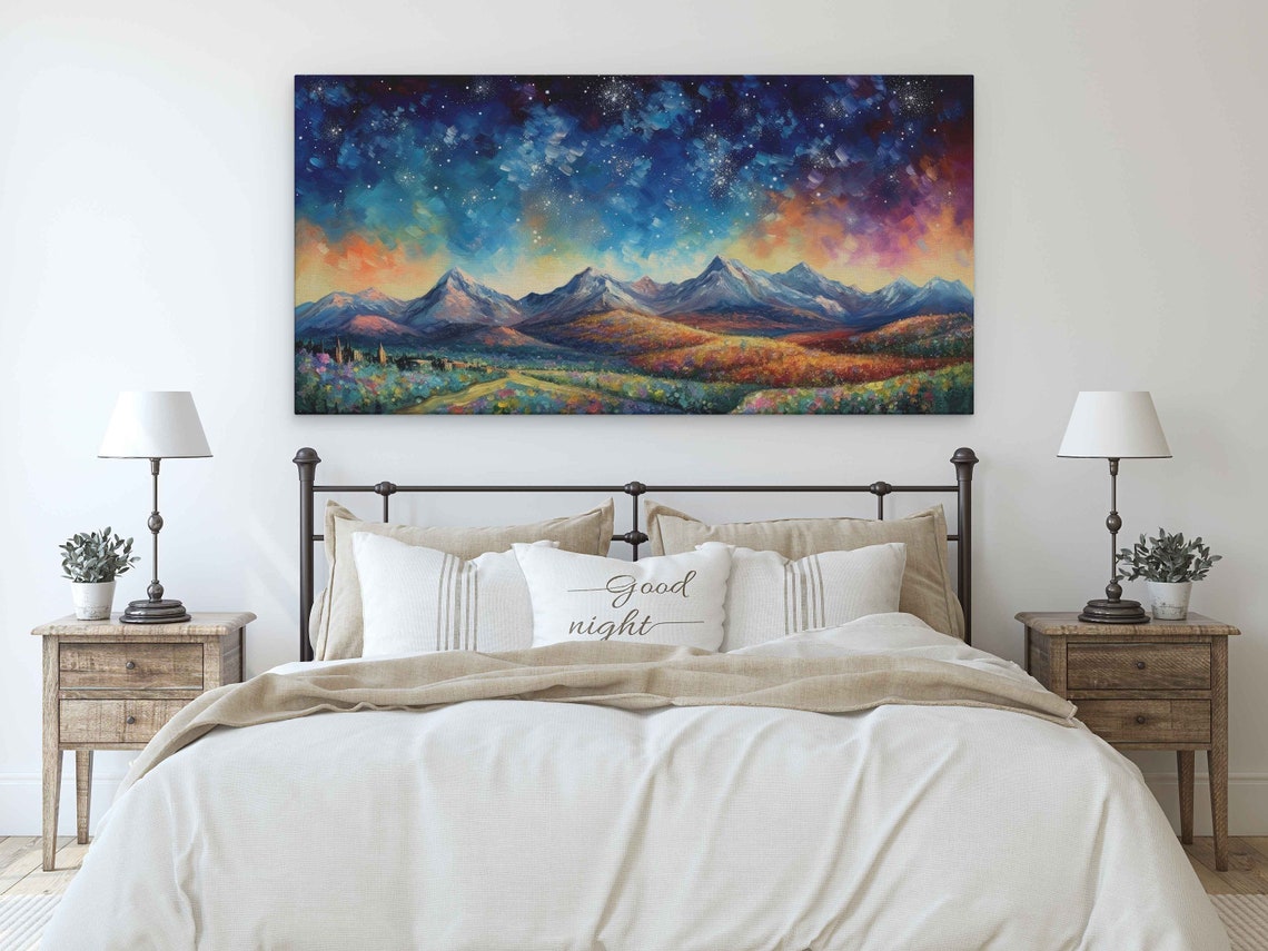Starry Night Mountain Range Colorful Rolling Hills Painting Poster - Image 2