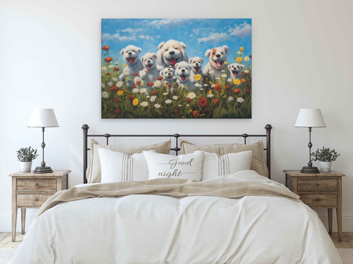 Pack Of Cute Happy Dogs In A Field Of Wildflowers Painting Framed Print Ready To Hang Happy And Uplifting Art - Image 3