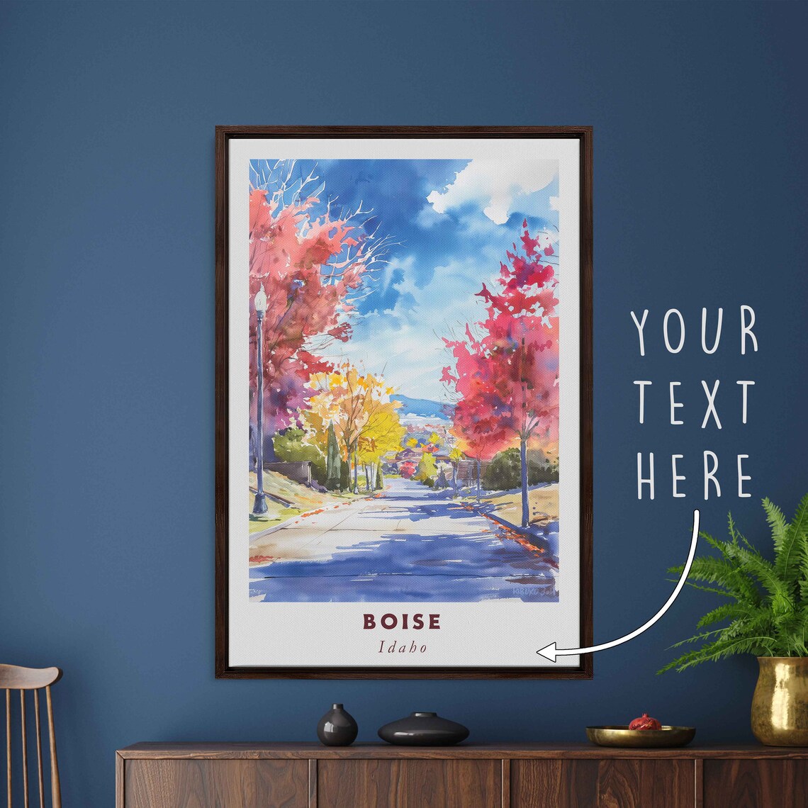 Boise Idaho Fall Street Autumn Trees Watercolor Cityscape Art Poster