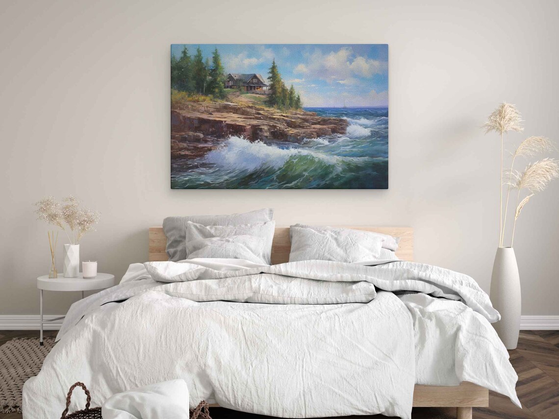 Grand Marais Minnesota Rocky Shoreline Crashing Waves Cabin Oil Painting Poster - Image 3