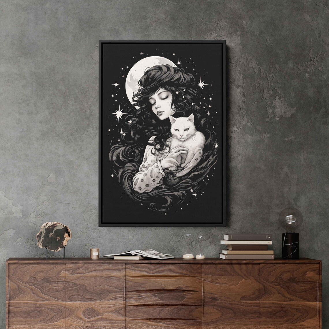 Celestial Witch White Cat Full Moon Stars Black White Halloween Wall Art Print - Image 3