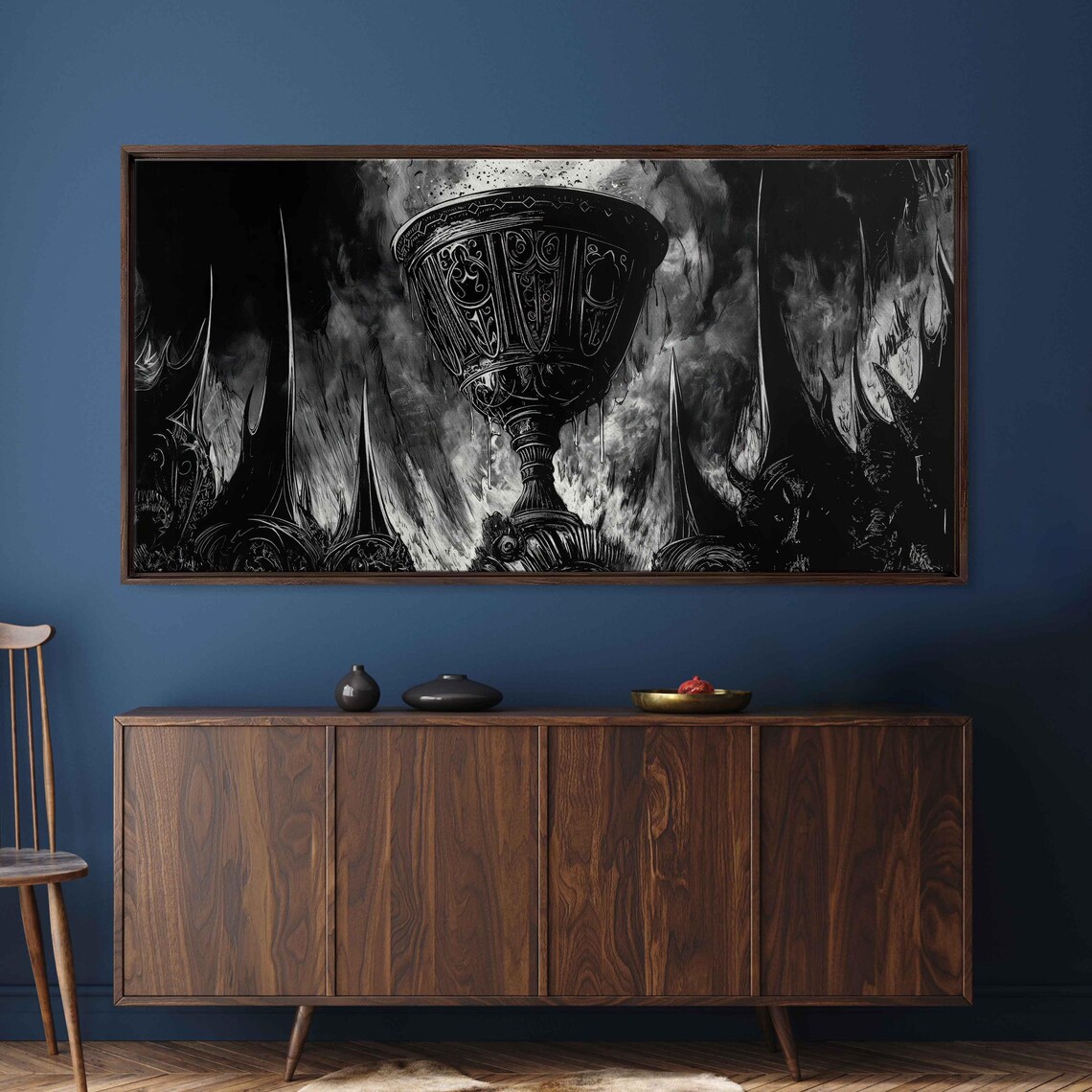 Ornate Gothic Chalice Goblet Rising From Dark Flames Ink Art Wall Poster - Image 3