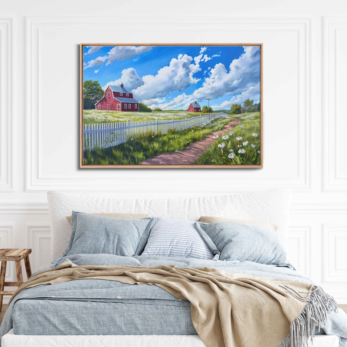Serene Barn Landscape Paitning Cloudy Blue Sky Lush Greenery White Picket Fence Wall Art Print Ready To Hang