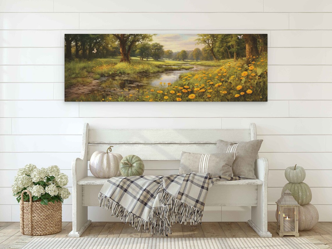 Panoramic Yellow Daises In A Quiet Forest Modern Oil Painting Framed Print Ready To Hang River Stream - Image 2