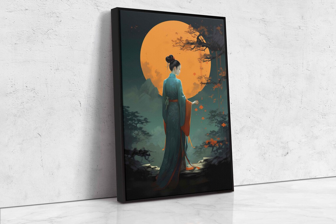 Japanese Woman Kimono Golden Full Moon Night Retro Asian Art Poster - Image 4