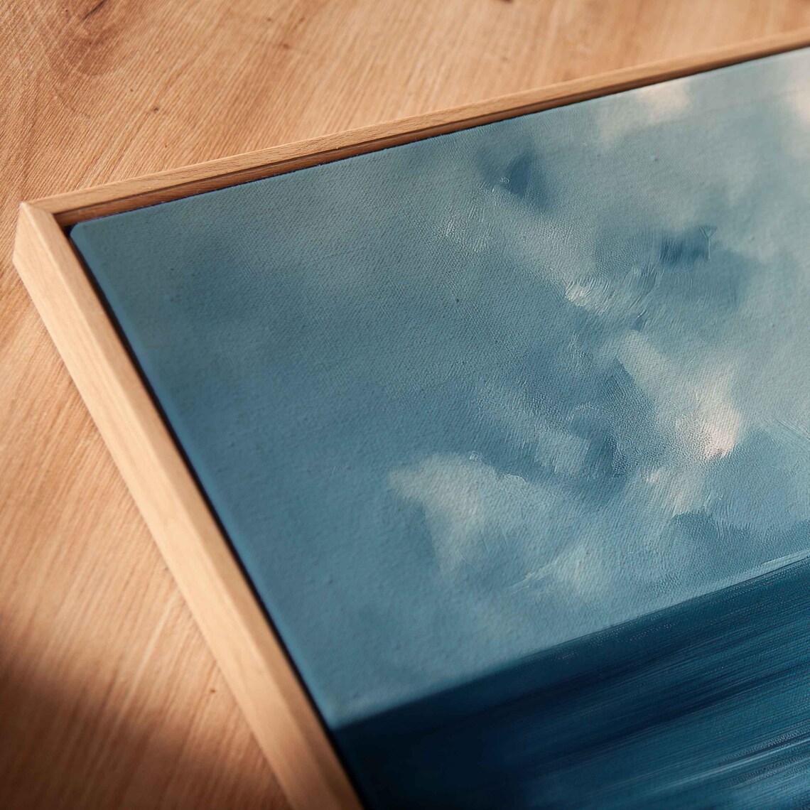 Lone Sailboat On Calm Sea Under Soft Misty Blue Cloudy Sky Poster - Image 2