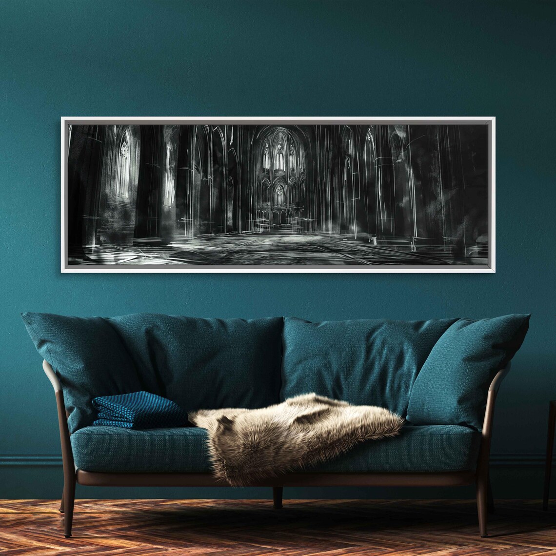 Vast Gothic Cathedral Interior Nave Columns Light Dark Ink Halloween Poster