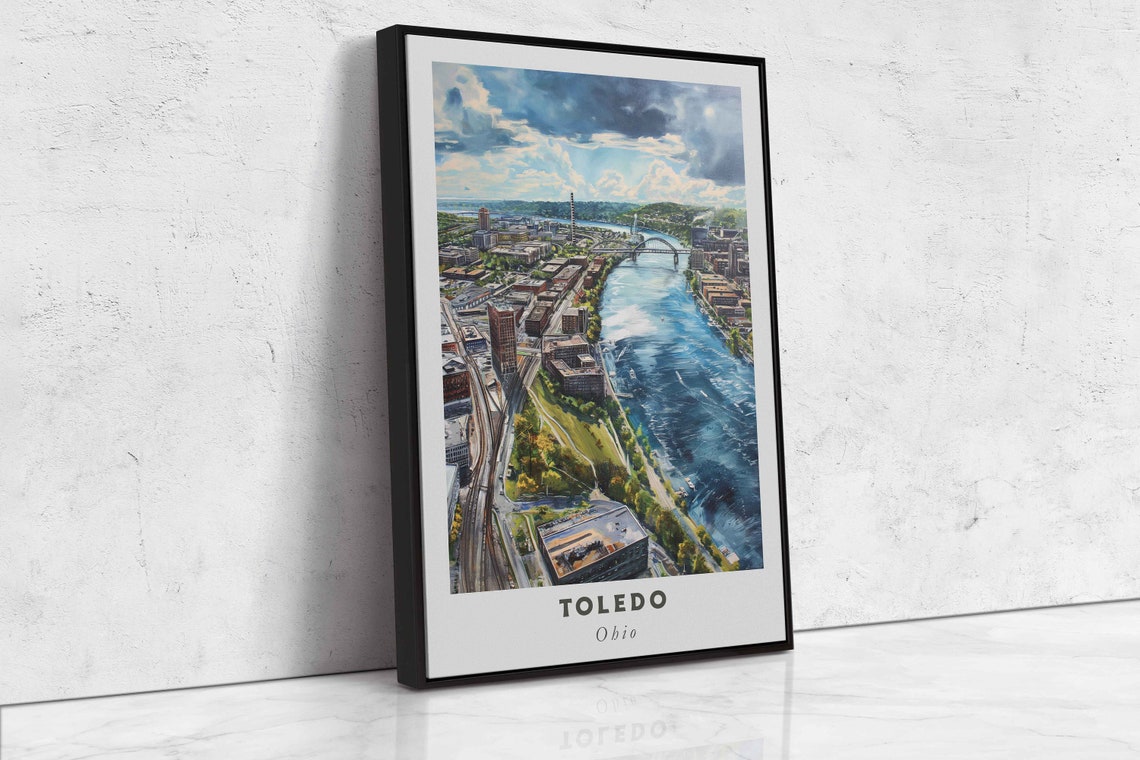 Toledo Ohio Maumee River Aerial Bridge Cityscape Cloudy Sky Poster - Image 2