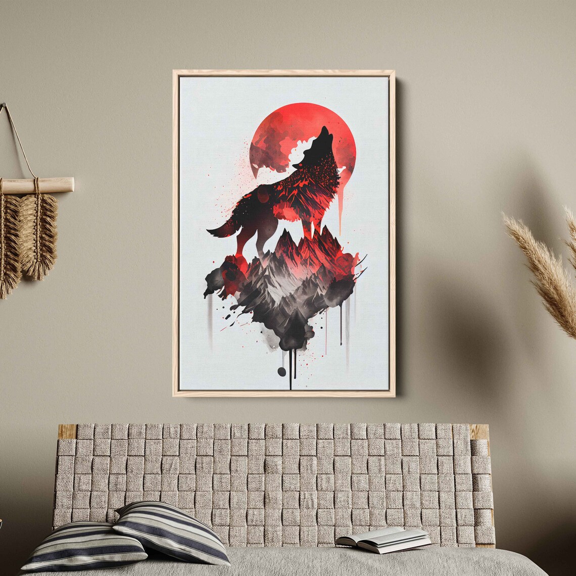 Howling Wolf Red Moon Mountains Red Black Ink Splash Art Animal Poster - Image 2