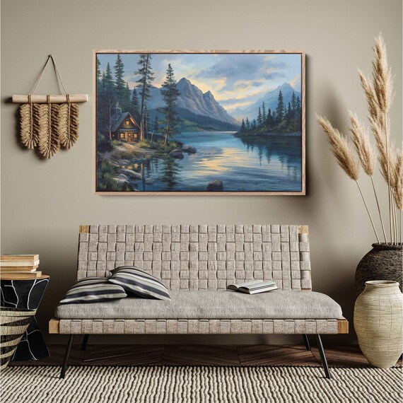 Log Cabin On Scenic Mountain Lake At Dusk With Calm Water Wall Art Print Cabin Decor Mountain Range Ready To Hang