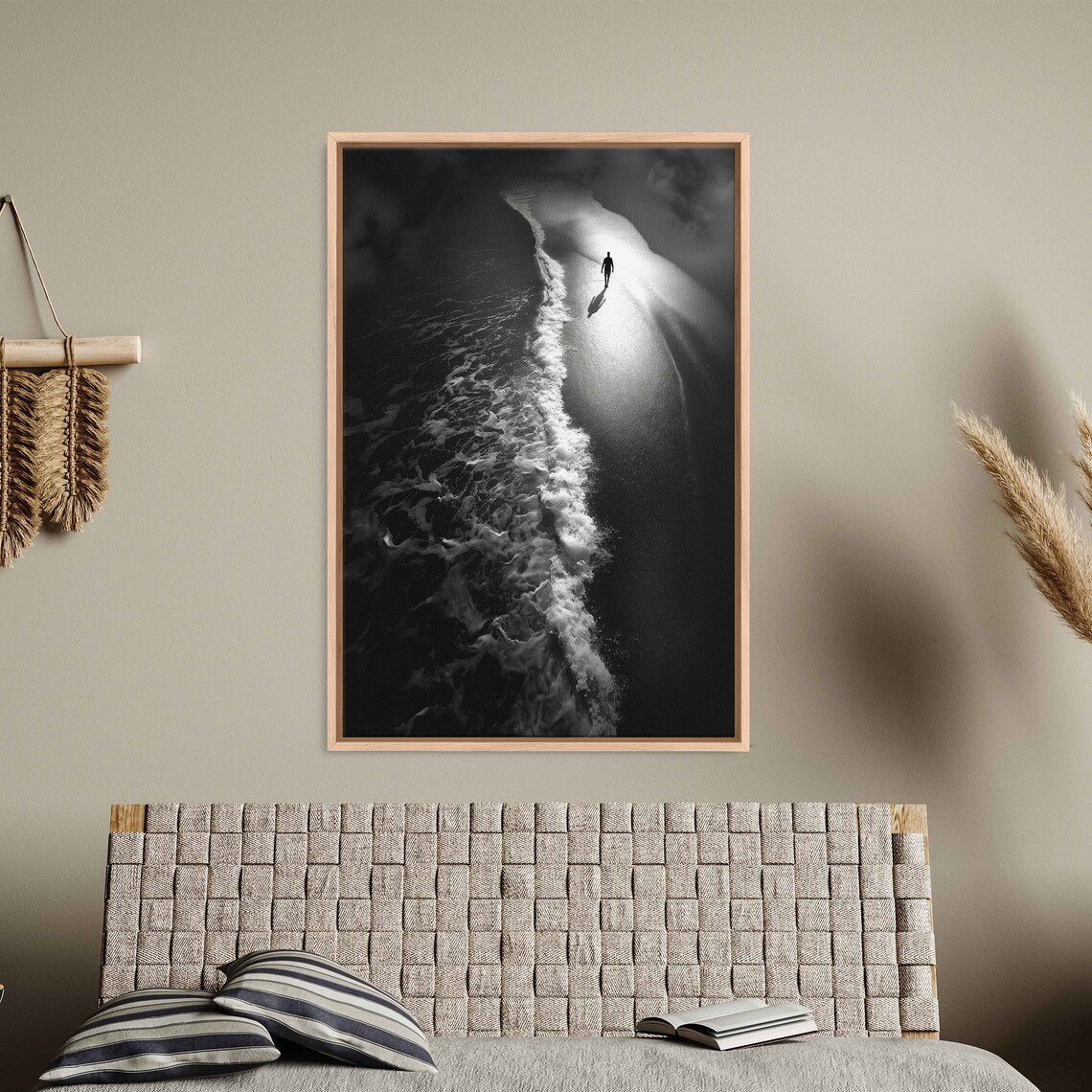Lone Walker On Night Beach Aerial View With Waves Black White Art Print - Image 3