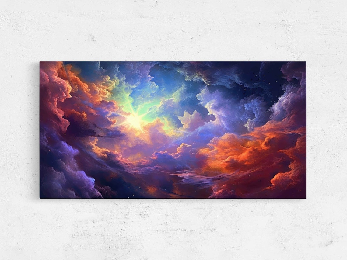 Abstract Clouds Sunset Painting Framed Print Ready To Hang Panoramic Wall Art