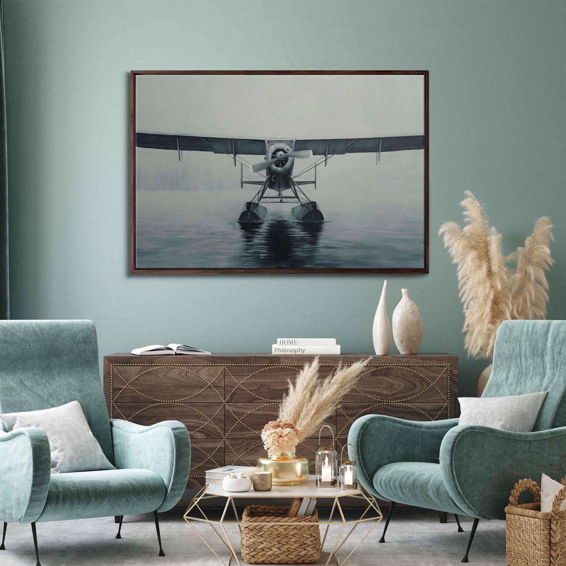 Vintage Floatplane On Still Misty Water Minimalist Black And White Aviation Poster