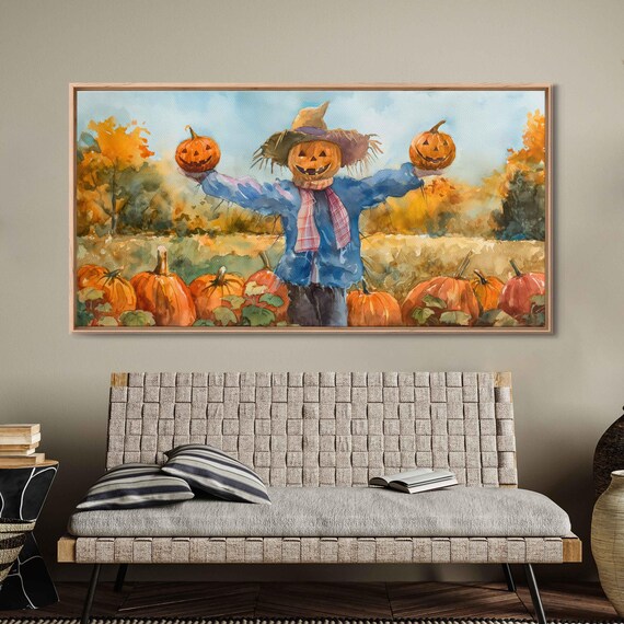 Cheerful Scarecrow In Pumpkin Patch Watercolor Fall Harvest Festival Poster
