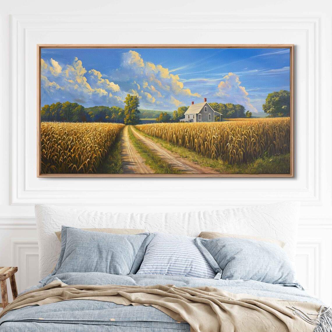 Golden Wheat Field Farmhouse Dirt Road Dramatic Cloudy Sky Painting