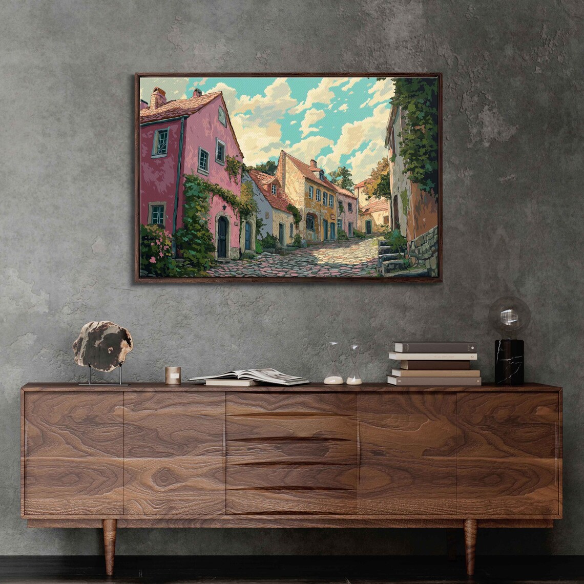 European Village Cobblestone Street Sunny Old Town Travel Poster