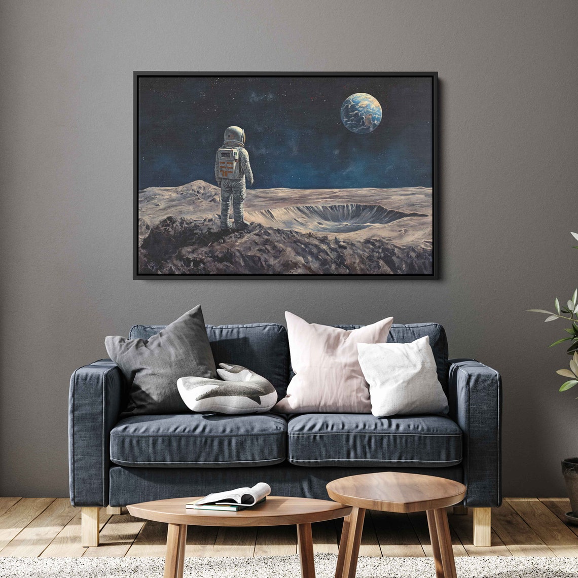 Astronaut On Moon Gazing Earth Crater Starry Night Space Art Poster - Image 2