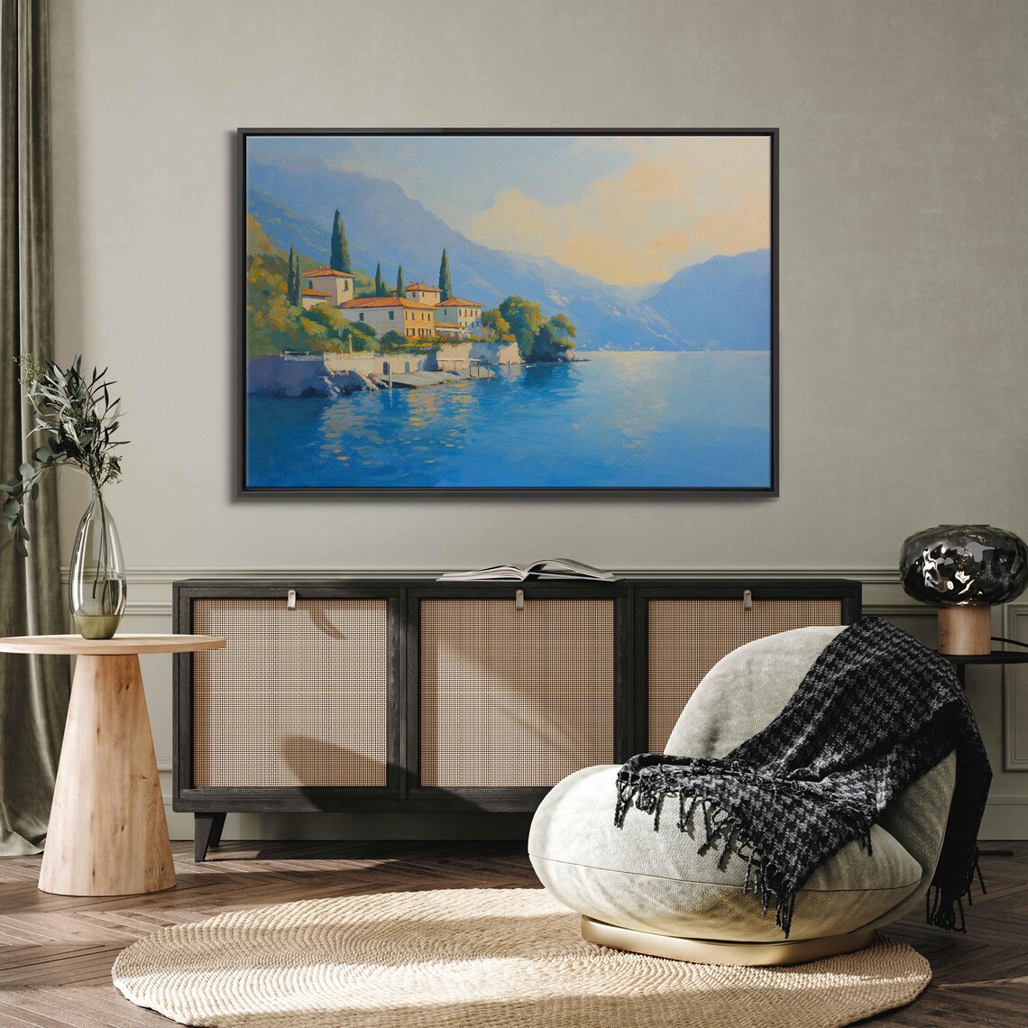 Lake Como Travel Poster, Charming Villas Sunset