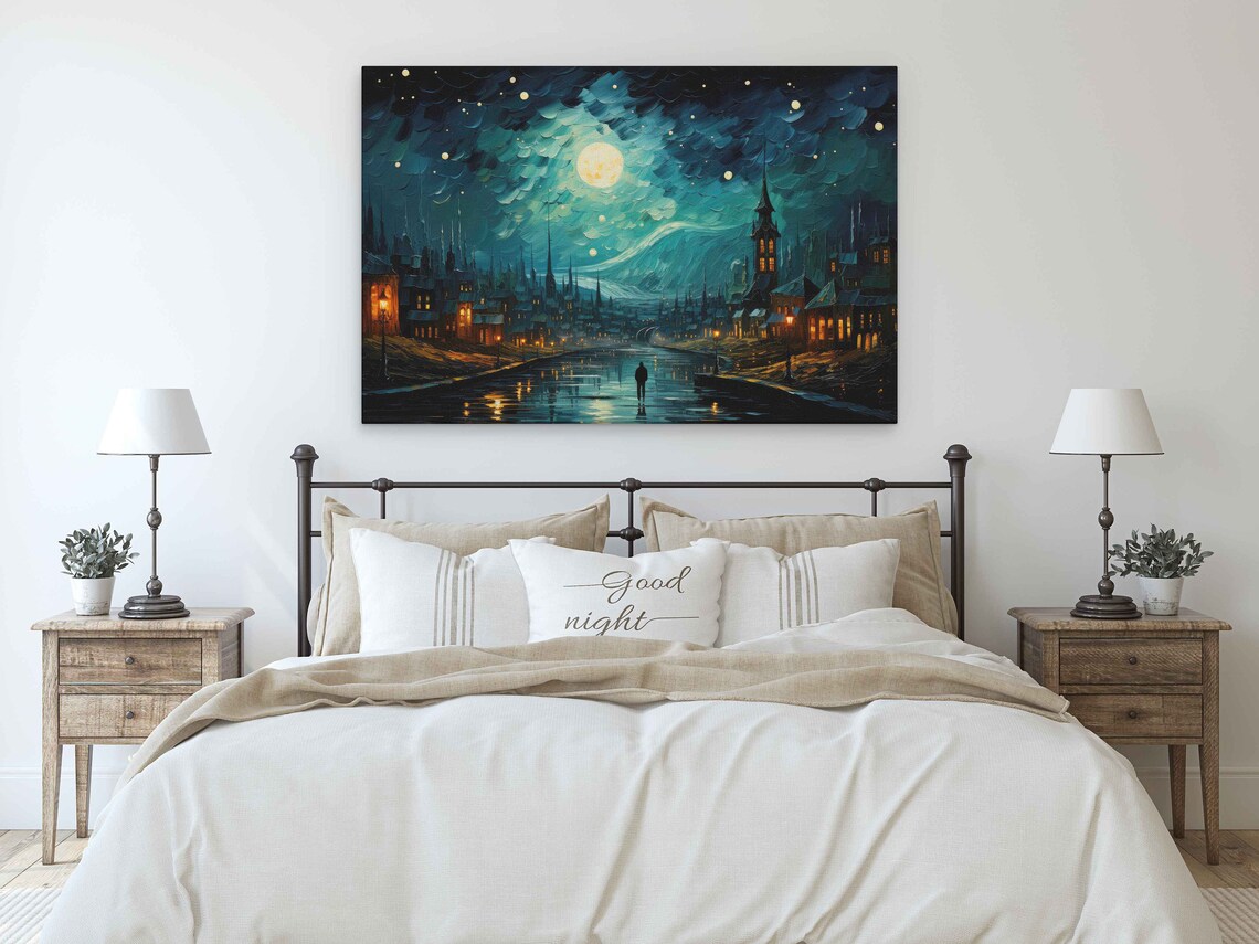 Moonlit Old Town Canal Night Van Gogh Inspired Gothic Painting Art Poster - Image 3
