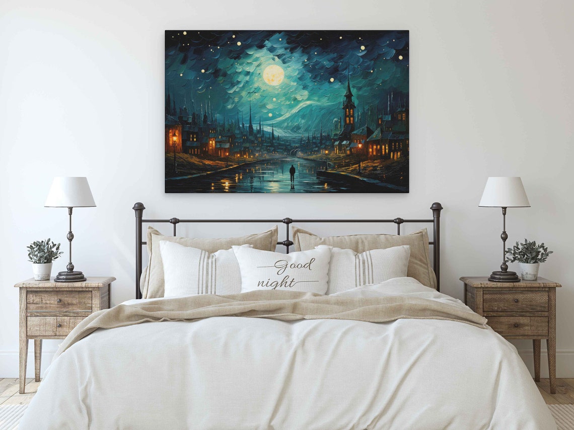 Spooky Moonlit Village Van Gogh Inspired Impressionist Painting Framed Print Ready To Hang - Image 3