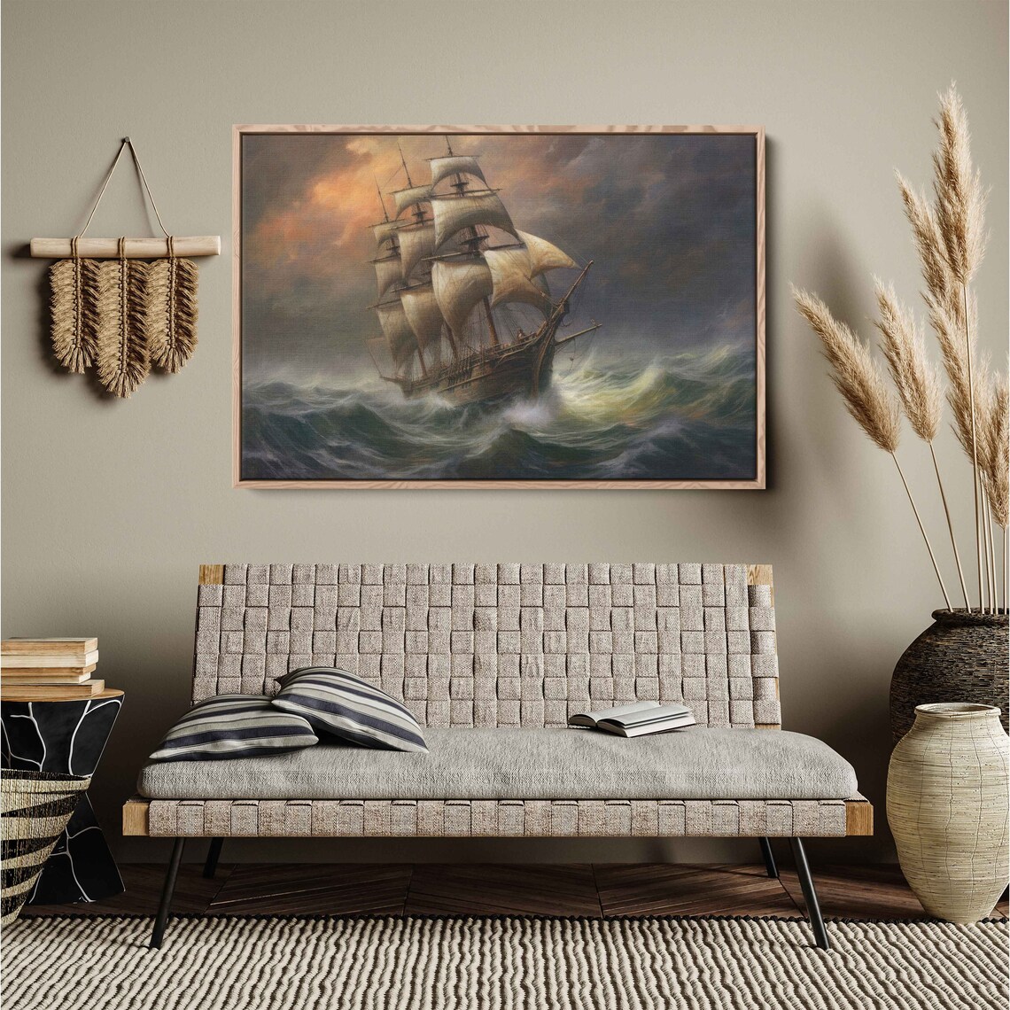 Vintage Tall Ship Full Sails Stormy Sea Sunset Acrylic Painting Print - Image 2