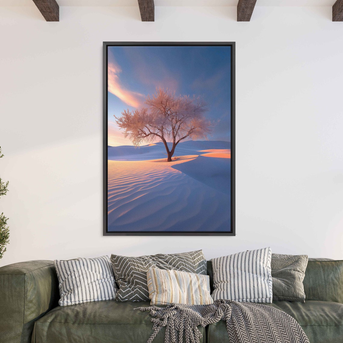 Lone Tree In Snowy Dunes Sunset Glow Pink Blue Winter Landscape Poster - Image 3